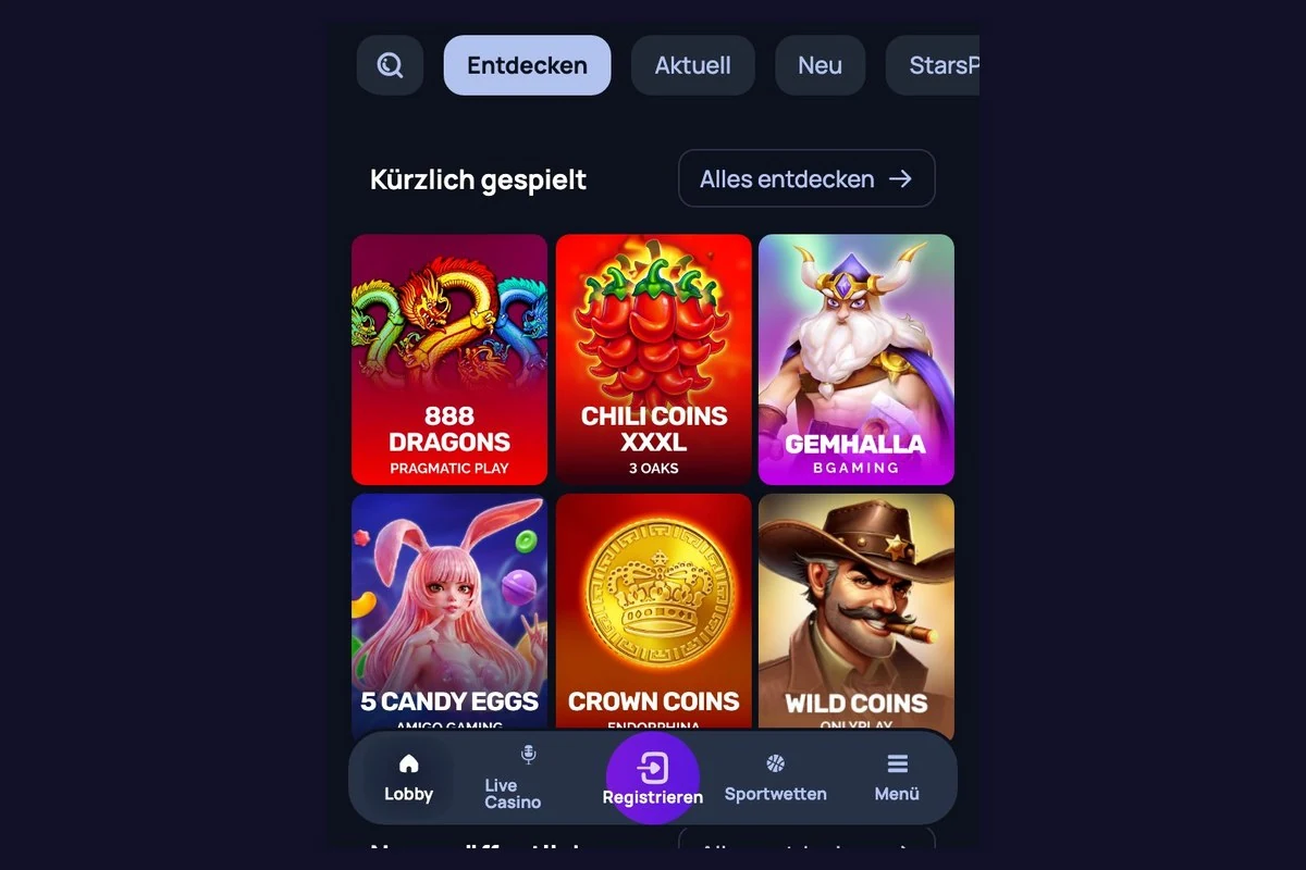 StarsPlay im mobilen Browser: Kategorien, Spielkacheln und Navigationsleiste