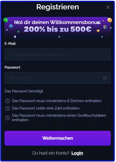 StarsPlay Casino Anmeldeformular